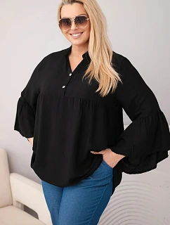 Dámská viskózová halenka Plus Size s volánovým rukávem a výstřihem do V černá