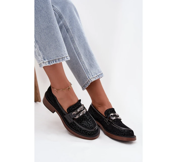 Semišové dámské mokasiny s ozdobou D&A MR52-176 Černé