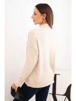 Dámský svetr z viskózy s model 21410342 polo límcem a volným střihem béžový - K-Fashion Dámský svetr z viskózy s model 21410342 polo límcem a volným střihem béžový - K-Fashion
