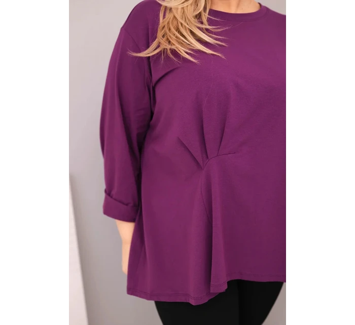 Dámská blůza plus size s bavlnou a dlouhým rukávem a nařasením tmavě fialová