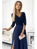 AMBER - Tmavě modré elegantní dámské dlouhé krajkové šaty s výstřihem 309-6