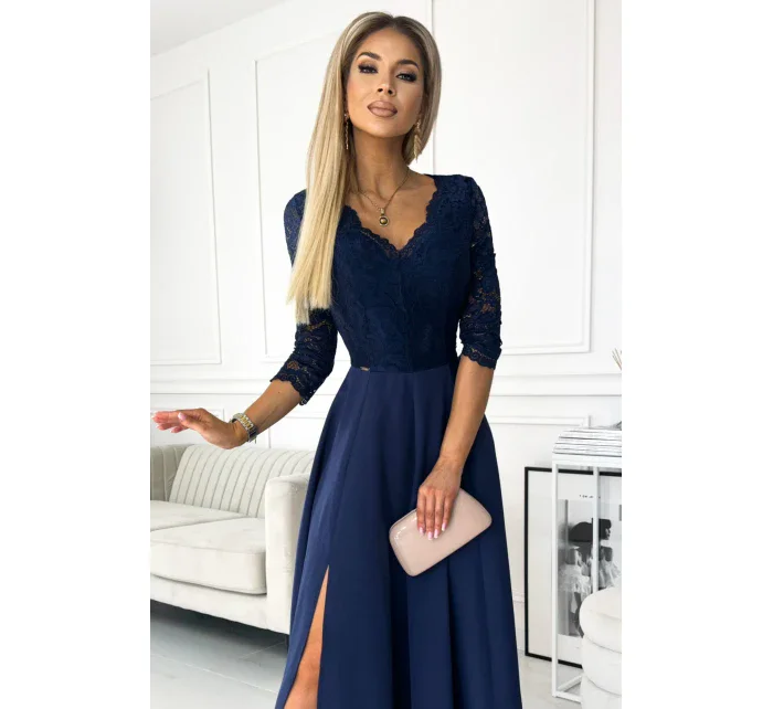 309-6 AMBER elegantní krajkové dlouhé šaty s výstřihem - ZELENÉ