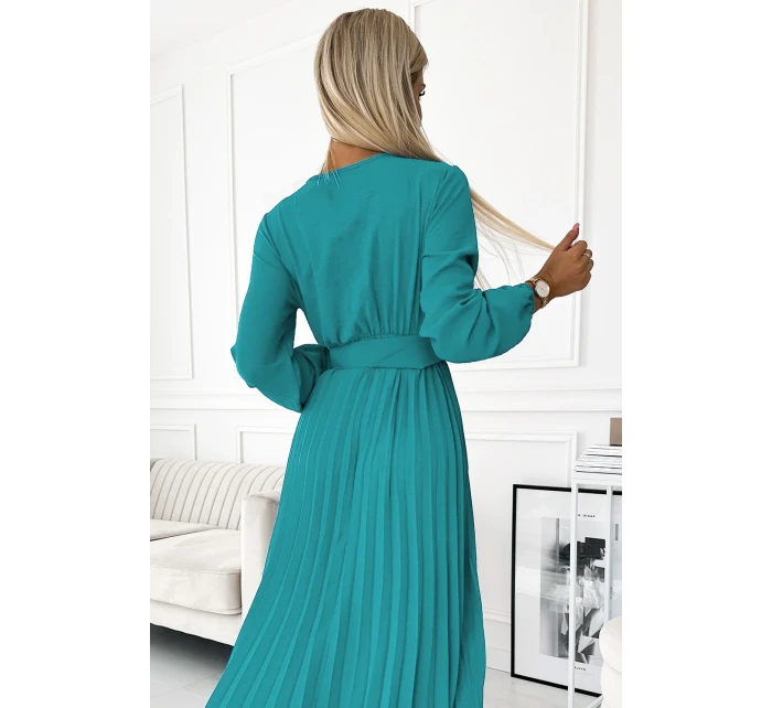 Dámské plisované midi šaty v mořské barvě s výstřihem, dlouhými rukávy a širokým opaskem model 22077536 - numoco basic Dámské plisované midi šaty v mořské barvě s výstřihem, dlouhými rukávy a širokým opaskem model 22077536 - numoco basic