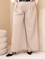 Dámské kalhoty Plus Size viskózové s širokou nohavicí a páskem béžové