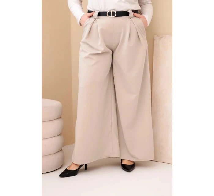 Dámské kalhoty Plus Size viskózové s širokou nohavicí a páskem béžové