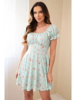 Dámské šaty s květinovým vzorem, nabíraným rukávem a elastickým pasem mentolová Dámské šaty s květinovým vzorem, nabíraným rukávem a elastickým pasem mentolová