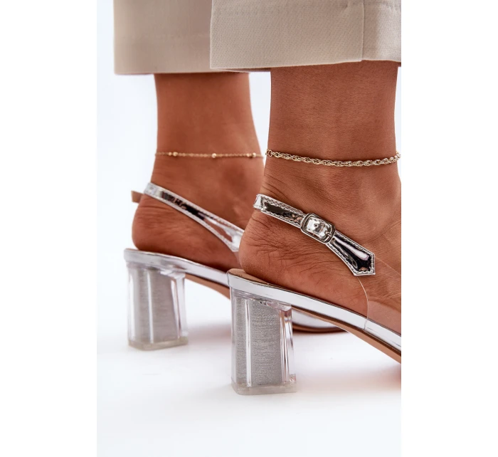 Průhledné sandály na podpatku s ozdobou stříbrné D&A MR38-454