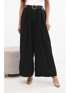 Dámské kalhoty s širokým střihem a páskem černé