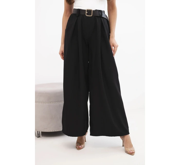 Dámské kalhoty s širokým střihem a páskem černé