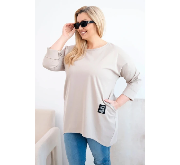 Dámská blůza Plus Size s delším zadním dílem a dlouhým rukávem tmavě béžová