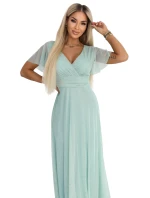 dlouhé třpytivé šaty s výstřihem a krátkými rukávy pistáciová barva model 22019068 - numoco basic