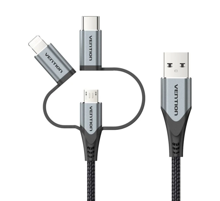 Vention USB-A 3v1 Micro-B USB-C Lightning kabel 1m šedý