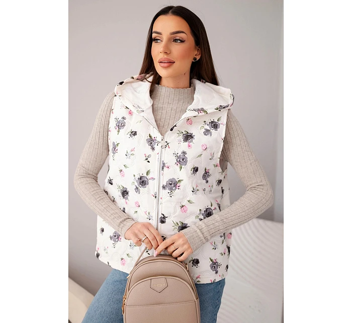 Dámská prošívaná vesta s květinami s kapucí grafitová