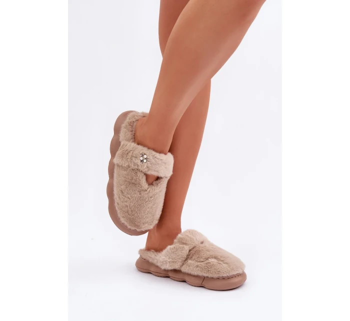 Futrzane Pantofle S Malou Broží Tmavě Béžové Primaria