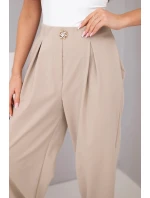 Dámské bavlněné kalhoty s vysokým pasem a ozdobným knoflíkem béžové