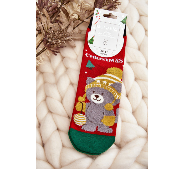 Dámské vánoční ponožky s medvídkem, červené