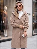 Płaszcz damski baranek długi z kapturem kamelowy FashionStreet NY0830