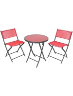 SADA BALKONOVÉHO NÁBYTKU KULATÝ STŮL A 2 SKLÁDACÍ ŽIDLE ČERVENÁ