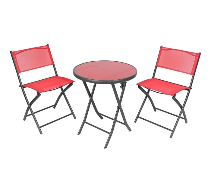 SADA BALKONOVÉHO NÁBYTKU KULATÝ STŮL A 2 SKLÁDACÍ ŽIDLE ČERVENÁ