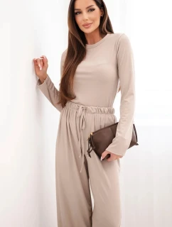 Dámský viskózový komplet s blůzou a širokými kalhotami béžový
