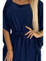 SOFIA Tmavě modré dámské šaty s brokátem a se zavazováním v pase model 18981284 - numoco