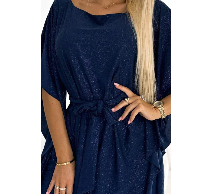 SOFIA Tmavě modré dámské šaty s brokátem a se zavazováním v pase model 18981284 - numoco