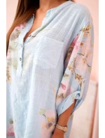 Dámská blůza z bavlny s květinovým vzorem a knoflíky modrý Dámská blůza z bavlny s květinovým vzorem a knoflíky modrý