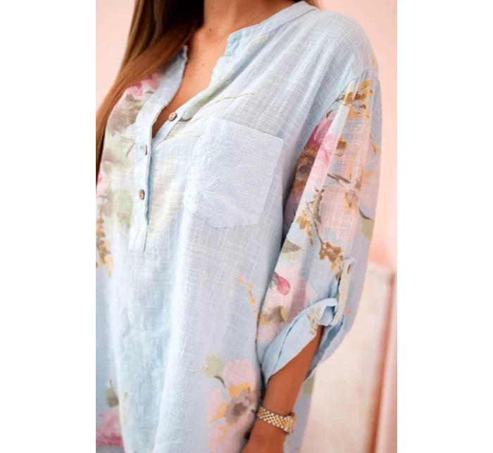 Dámská blůza z bavlny s květinovým vzorem a knoflíky modrý Dámská blůza z bavlny s květinovým vzorem a knoflíky modrý