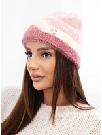 Dámská čepice beanie žebrovaná s ozdobou pudrově růžová+tmavě růžová Dámská čepice beanie žebrovaná s ozdobou pudrově růžová+tmavě růžová
