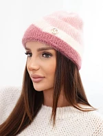 Dámská čepice beanie žebrovaná s ozdobou pudrově růžová+tmavě růžová