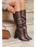 Zateplené dámské kozačky na podpatku s mašlí v hnědé barvě model 21709208 - Boto