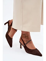 Kožené semišové sandály na podpatku se zdobeným páskem D&A CR61-3048 Čokoládové