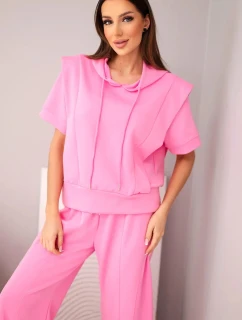 Dámský máslový komplet mikina s kapucí a volné kalhoty se šňůrkou světle růžová