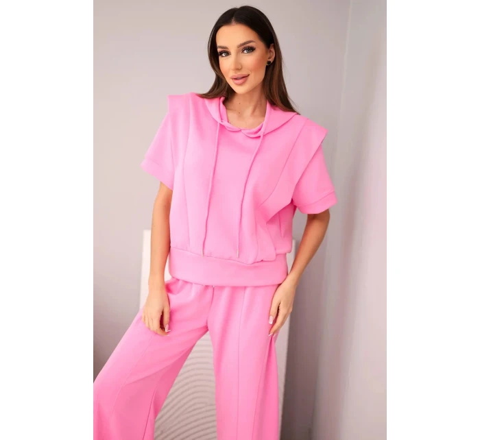 Dámský máslový komplet mikina s kapucí a volné kalhoty se šňůrkou světle růžová