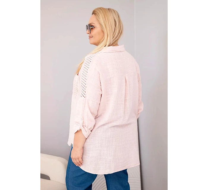 Dámská bavlněná košile Plus Size s límečkem a krajkovým vsazením tmavě pudrově růžová
