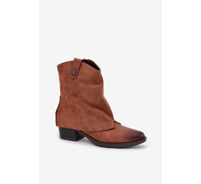 Dámské zateplené kotníkové botky kovbojky na sloupku – camel Sylvette Dámské zateplené kotníkové botky kovbojky na sloupku – camel Sylvette