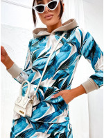 Béžovo-tyrkysové velurové šaty s kapucí a se vzorem listů (8250)
