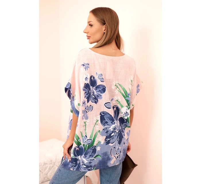 Dámská bavlněná blůza s květinovým potiskem a krátkým rukávem pudrově růžová