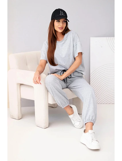 Dámský bavlněný komplet halenka krátký rukáv a teplákové kalhoty šedý