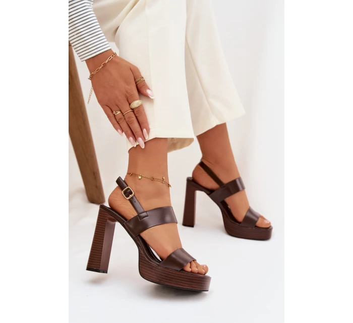 Dámské sandály na podpatku a platformě kůže Čokoládové model 21943437 - Boto