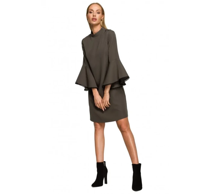 M698 Šaty áčkového střihu s andělskými rukávy - khaki barva