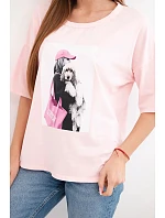 Dámská bavlněná oversize halenka s krátkým rukávem a módním potiskem pudrově růžová