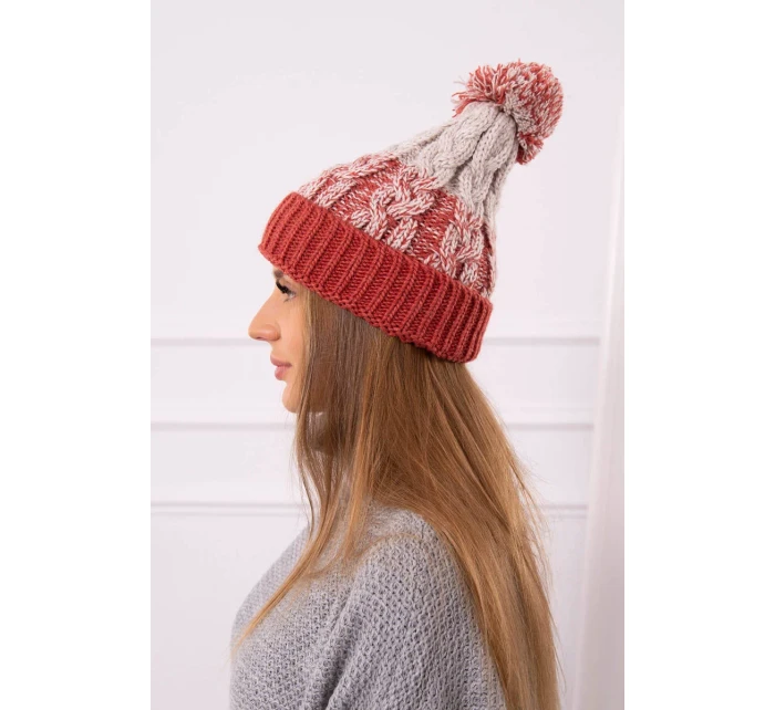 Dámská čepice s bambulí Abigail K326 červená+béžová Dámská čepice s bambulí Abigail K326 červená+béžová