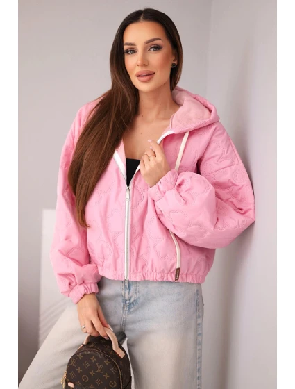 Dámská prošívaná bunda s kapucí a ozdobným květinovým model 21998362 světle růžová - K-Fashion