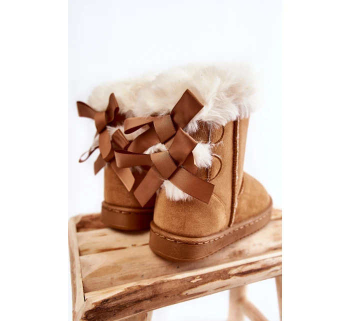 Dětské Teplé Sněhule Semišové s Mašlemi Béžove Funky Dětské Teplé Sněhule Semišové s Mašlemi Béžove Funky