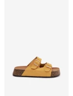 Dámské pantofle na korkové platformě se zlatými sponami Žluté model 21919307 - EVENTO