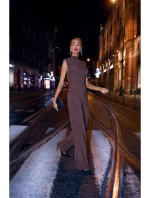 M890 Souprava s projmutým topem a širokými kalhotami - hnědá