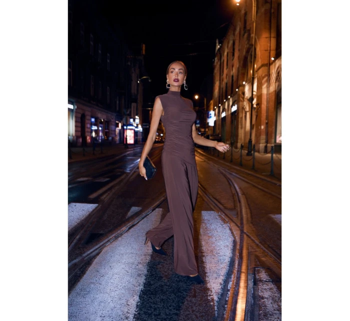 M890 Souprava s projmutým topem a širokými kalhotami - hnědá