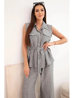 Dámský komplet s halenkou se zavazováním a širokými kalhotami grafitový