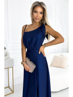 Tmavě modré dlouhé lesklé dámské šaty přes jedno rameno s mašlí 528-1